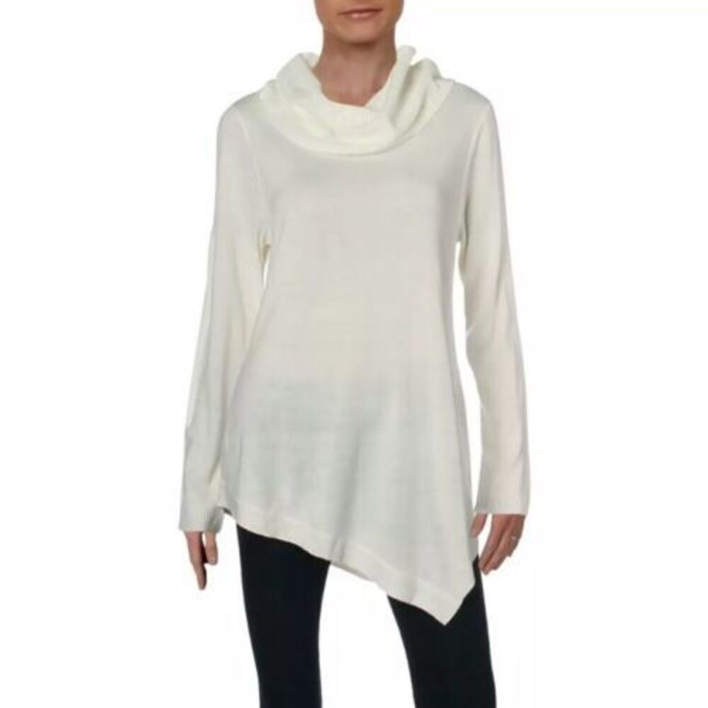 NWT NY Collection Womens White Asymmetric Cowl Pullover Sweater Top L (Large)
